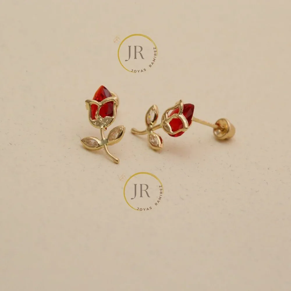 14K Solid Yellow Gold Red Tulip Stud Earrings • Floral Elegance & Passion. - Picture 4 of 11